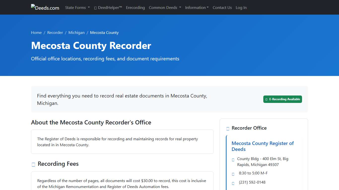 Mecosta County Recorder Information, Michigan - Deeds.com